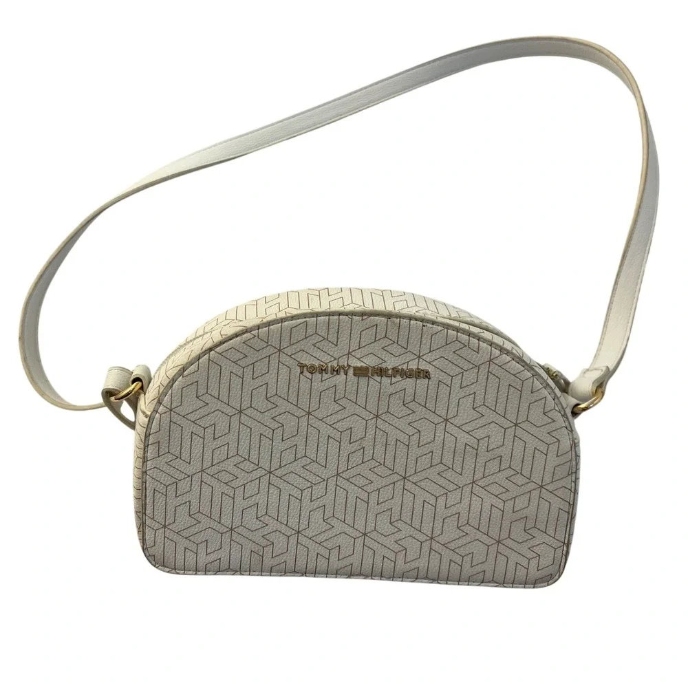 Tommy Hilfiger Monogram Geometric Dome Crossbody Bag White Cream Gold Tone